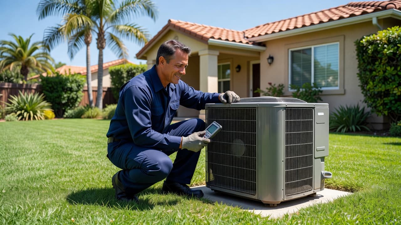 A technician wearing a work uniform examines a residential air conditioning unit located in a sunlit backyard. Green grass surrounds the equipment as he performs maintenance on a clear, warm day.