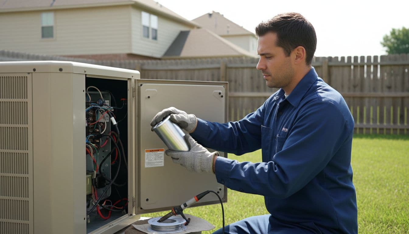 A professional HVAC technician replaces a cylindrical AC capacitor on a residential condenser unit in a sunny suburban backyard, with the panel open and soldering tool nearby.