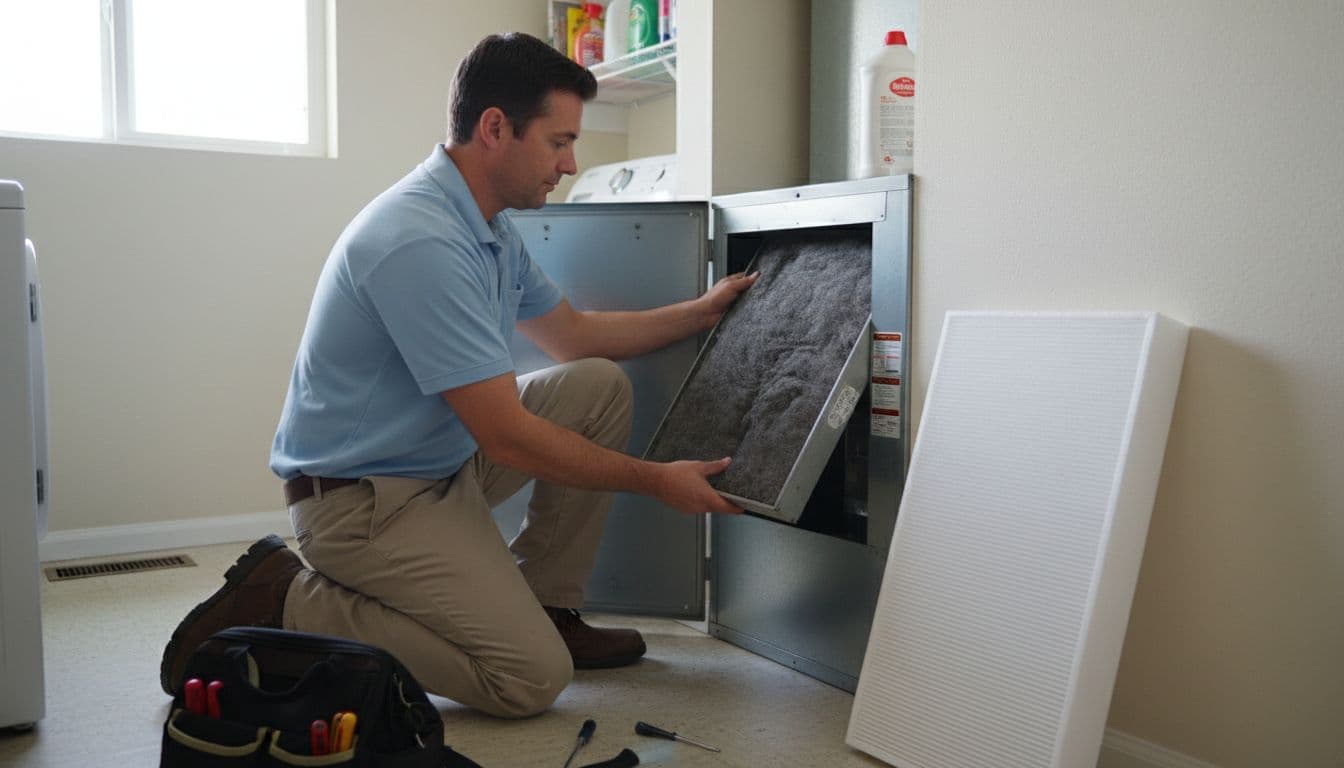 HVAC technician in home mid-process removes clogged air filter from air handler, clean filter ready nearby.