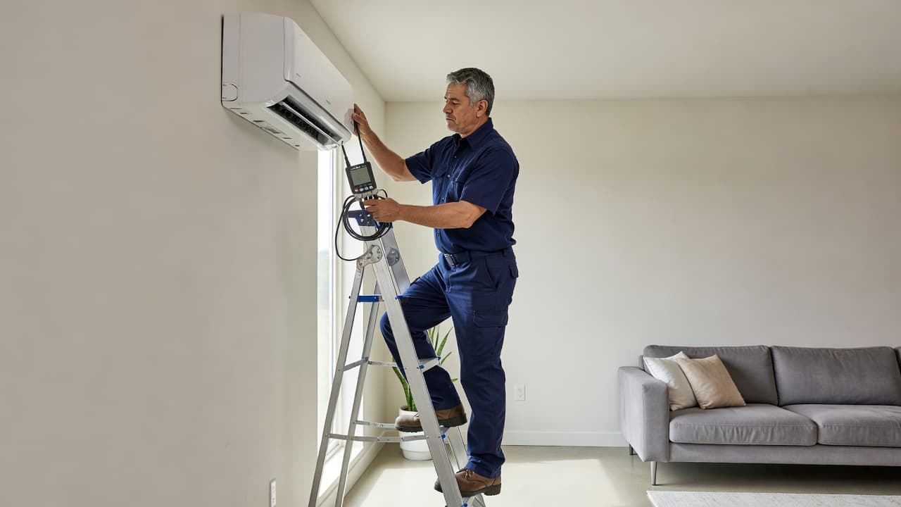 A technician wearing a blue uniform uses a handheld diagnostic tool to inspect a wall-mounted white mini-split unit. The scene is set in a bright, modern living room filled with daylight.
