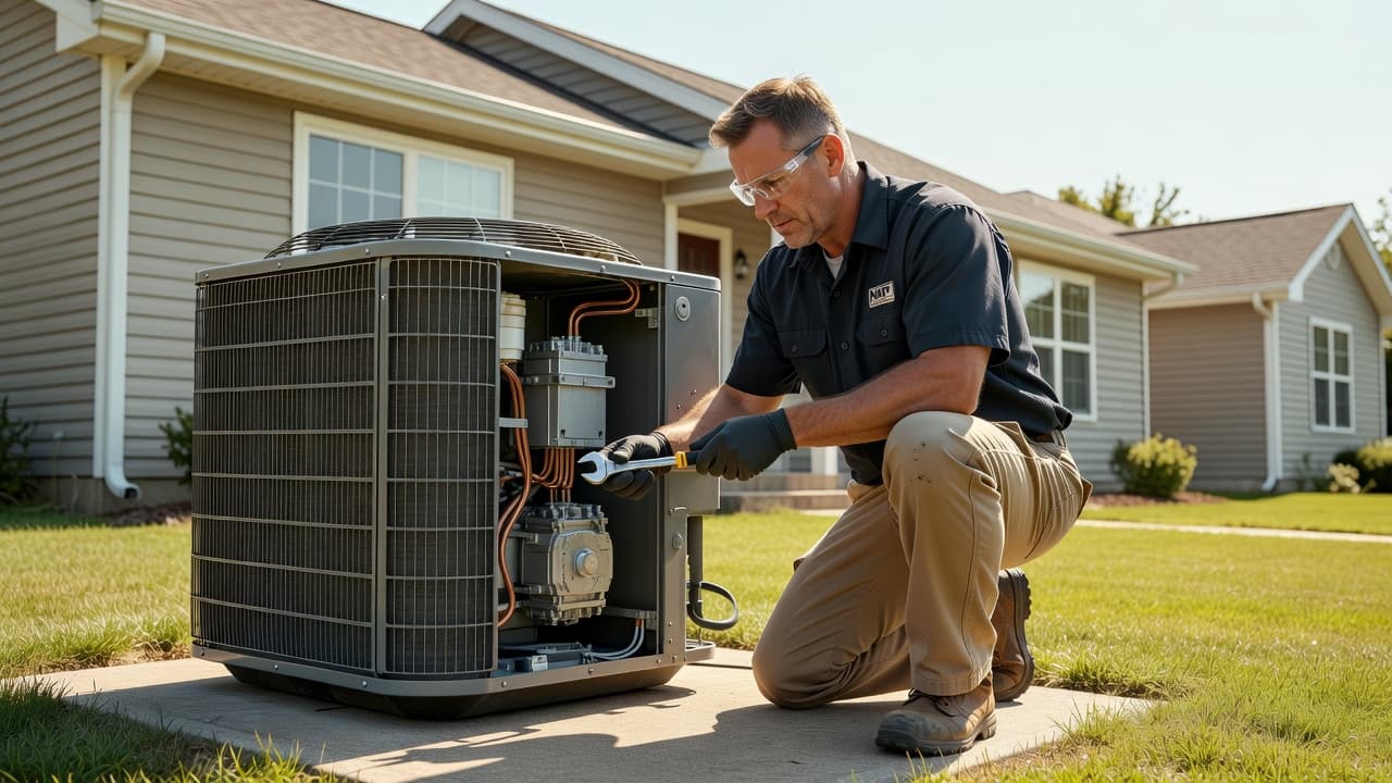 A professional technician wearing a clean uniform inspects a residential air conditioning unit located in a suburban backyard. He uses diagnostic tools while sunlight illuminates the surrounding grass and exterior siding.