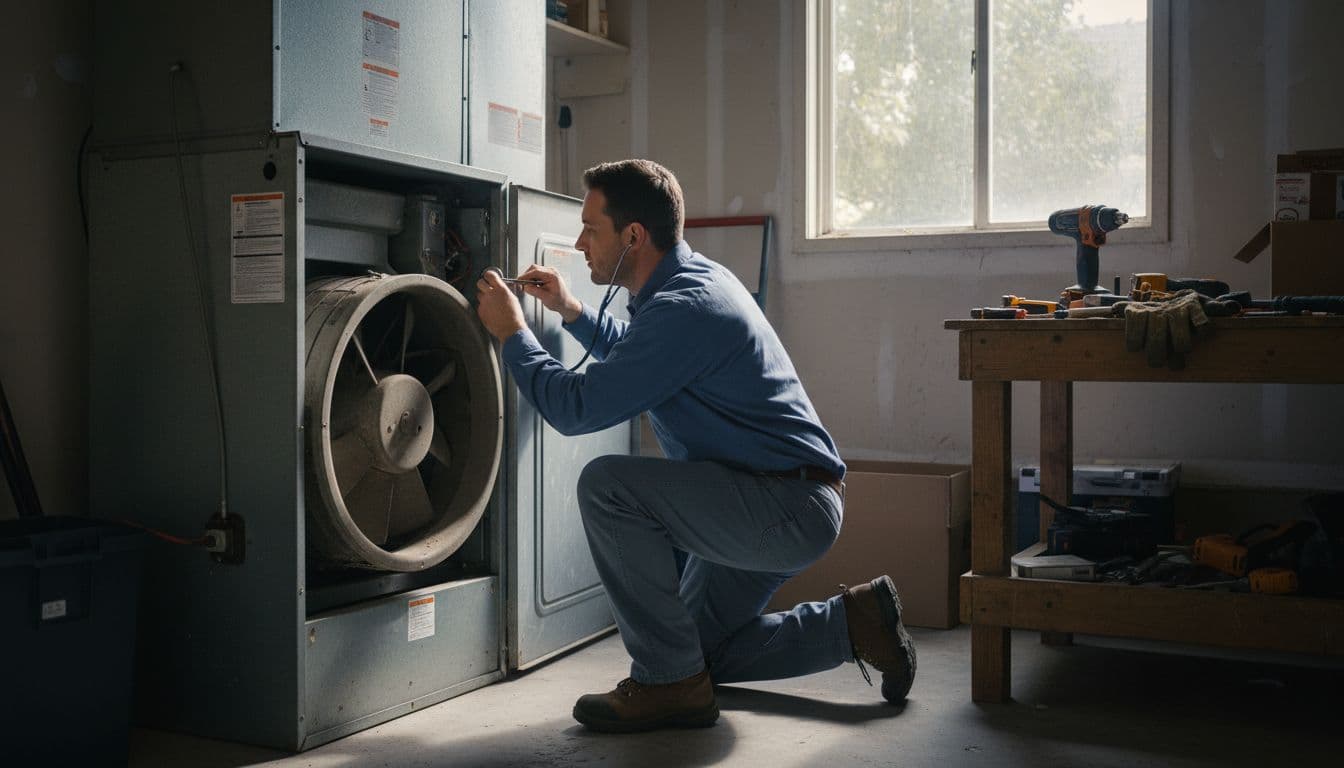 HVAC technician in residential garage uses stethoscope on open gas furnace revealing blower, tools on nearby workbench, natural window light.