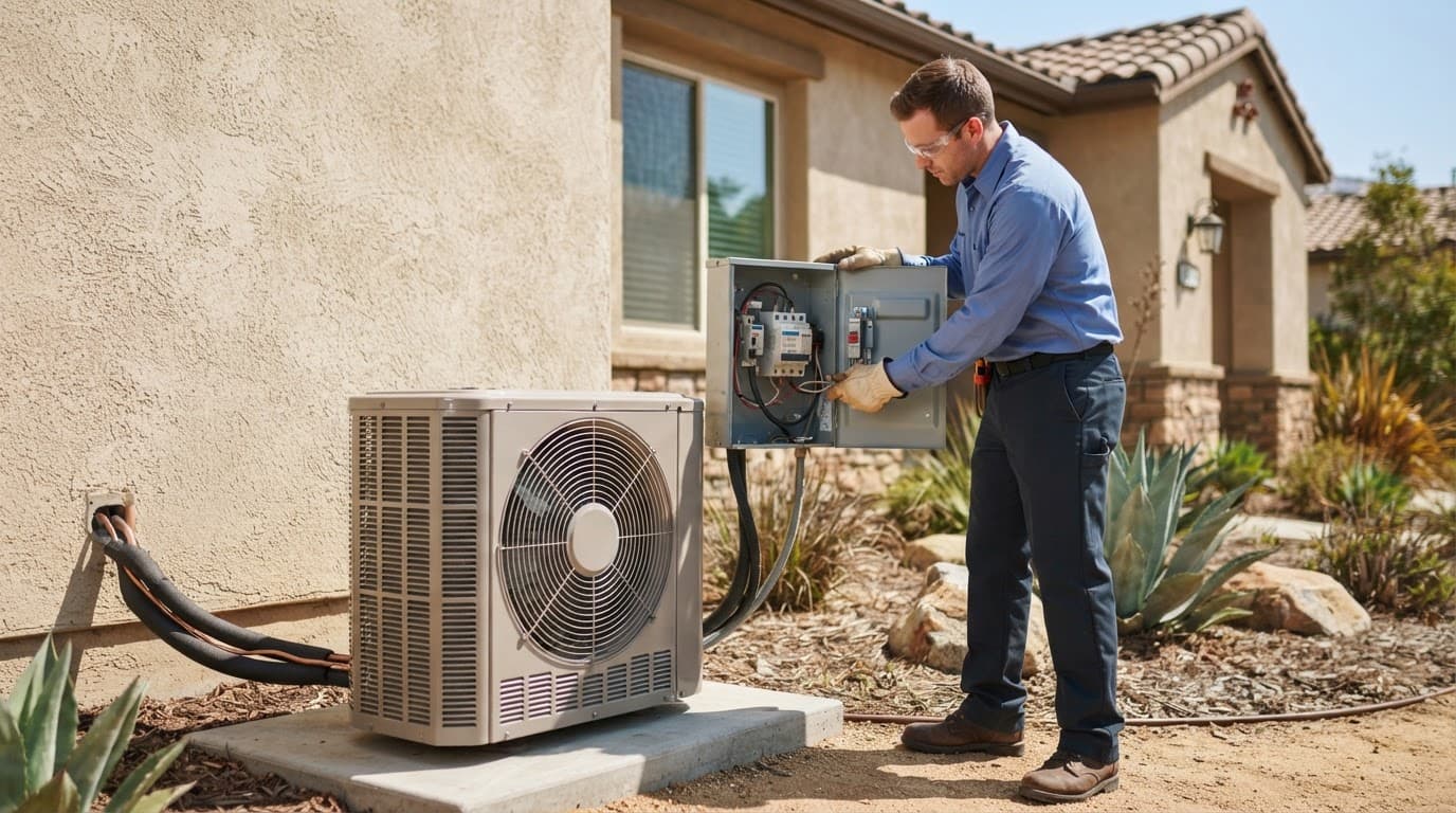 Technician inspecting an outdoor AC unit and nearby electrical disconnect.