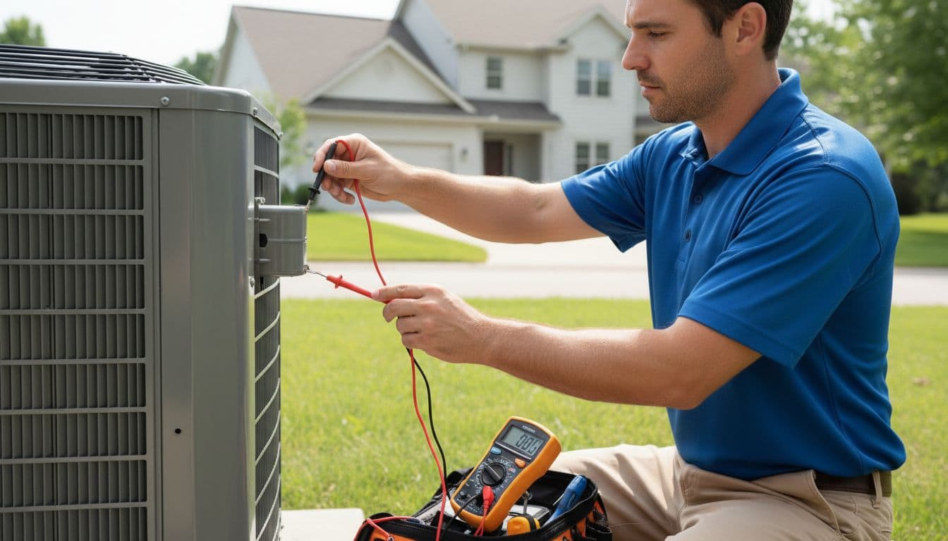Escondido electrician tests capacitor on air conditioning condenser unit in residential driveway using multimeter.
