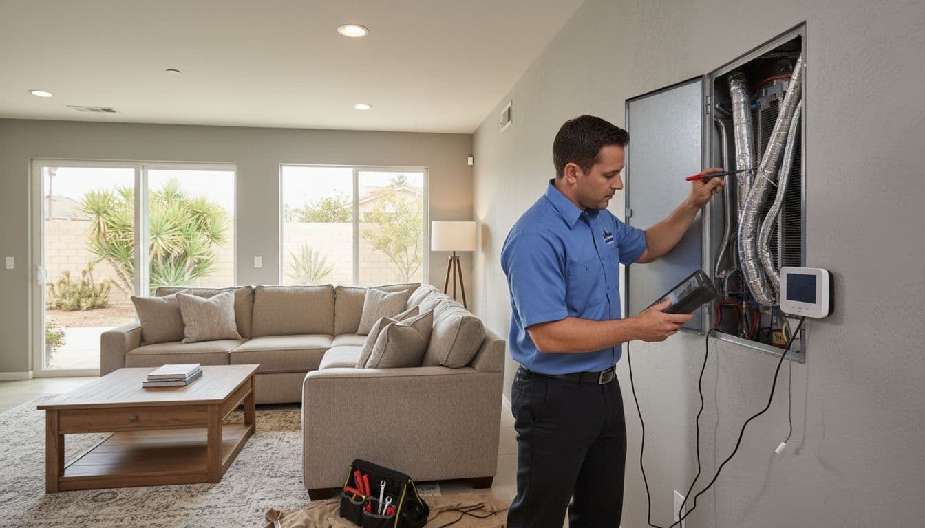 HVAC technician uses diagnostic tool on thermostat with evaporator coil panel open in modern living room.