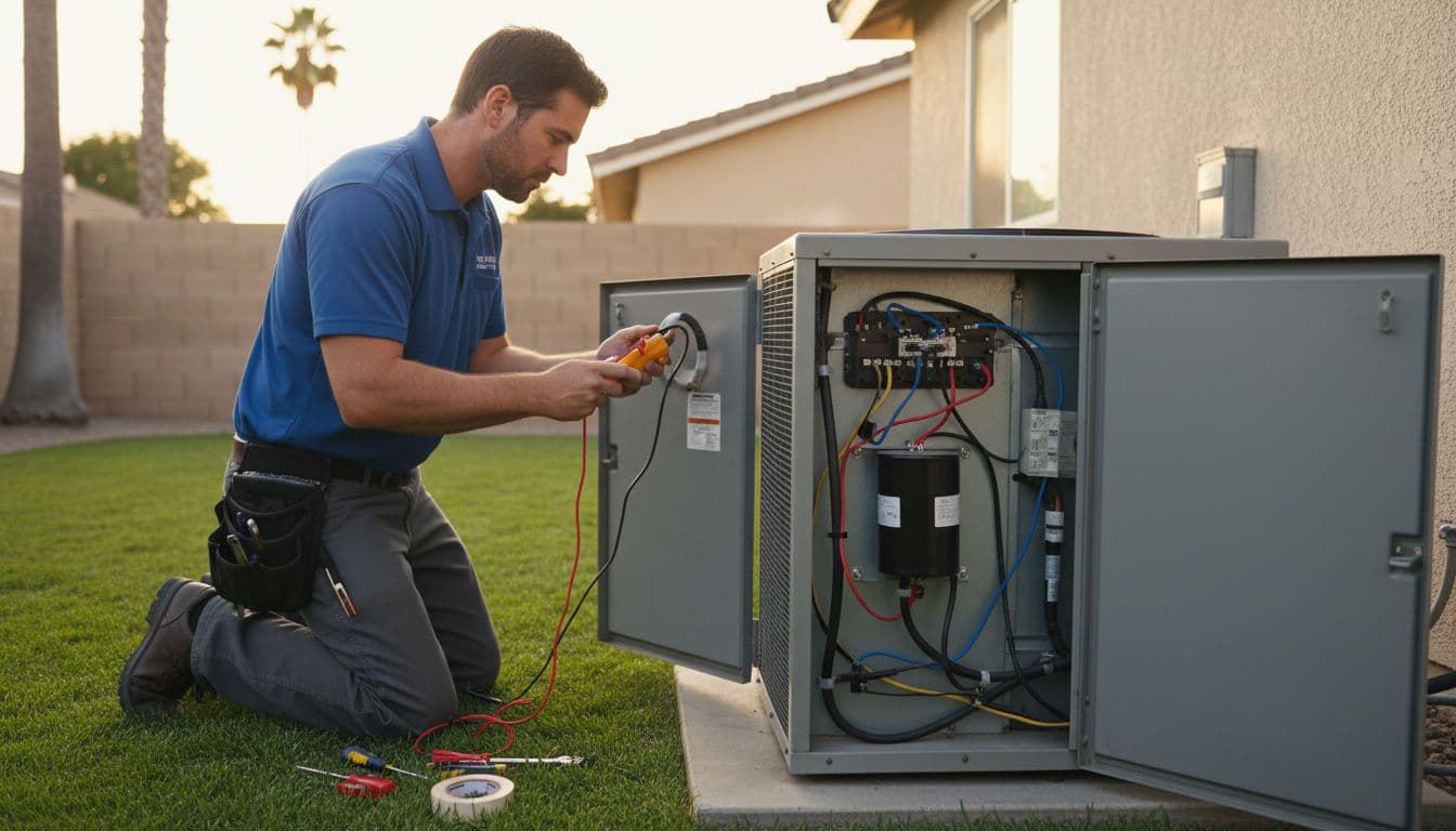 HVAC technician uses multimeter on electrical contacts in open residential AC unit panel, wiring and capacitor visible in backyard.