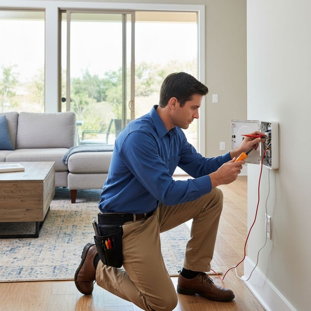 A professional technician wearing work attire carefully examines a modern wall-mounted thermostat inside a living room. He uses a diagnostic tool to ensure the home temperature system is running correctly.