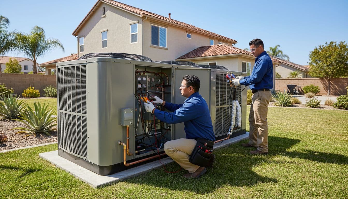 Two technicians work on oversized residential AC outdoor unit in sunny backyard, one checking electrical connections, other measuring refrigerant lines.