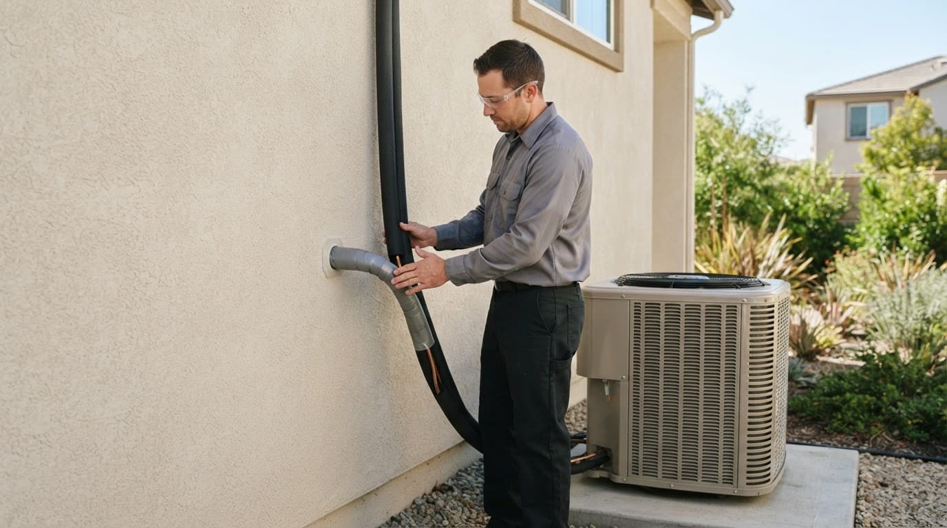Technician sealing insulated refrigerant lines where they enter a stucco home beside an outdoor condenser.