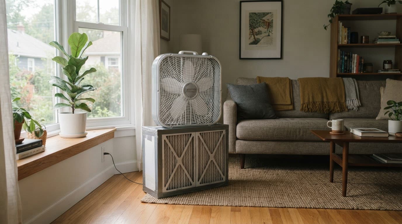 Portable air purifier operating beside a living room window.