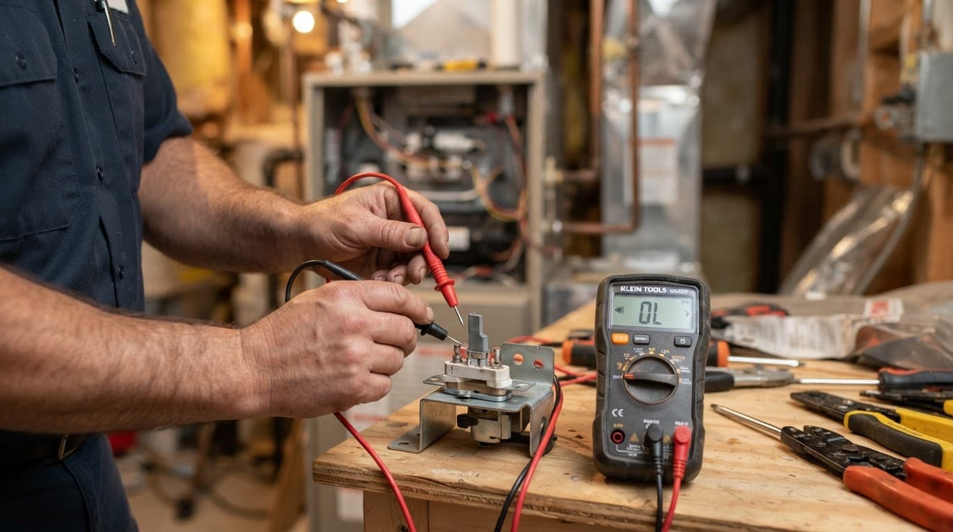 Hands use a multimeter to test a furnace ignitor on a workbench.