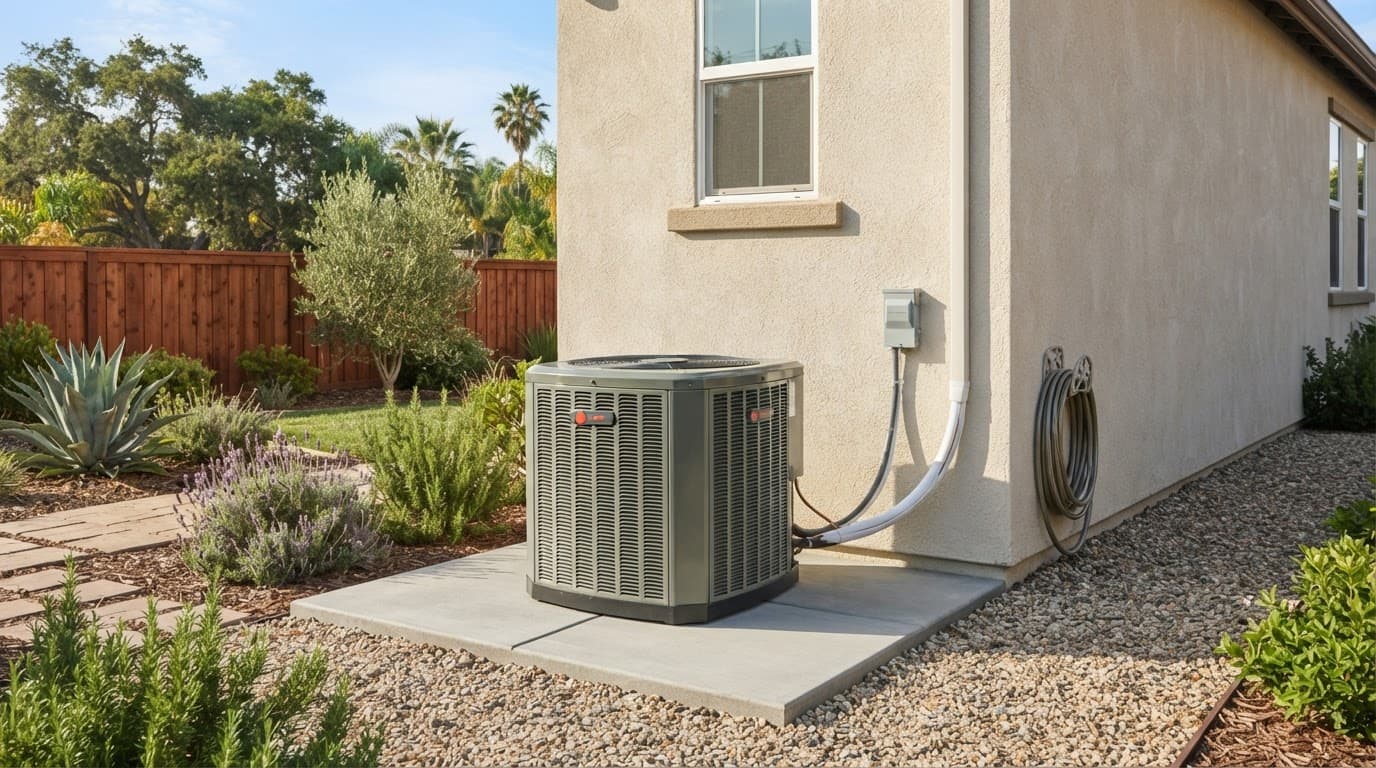 An outdoor air conditioner condenser unit installed with proper clearance beside a house wall.