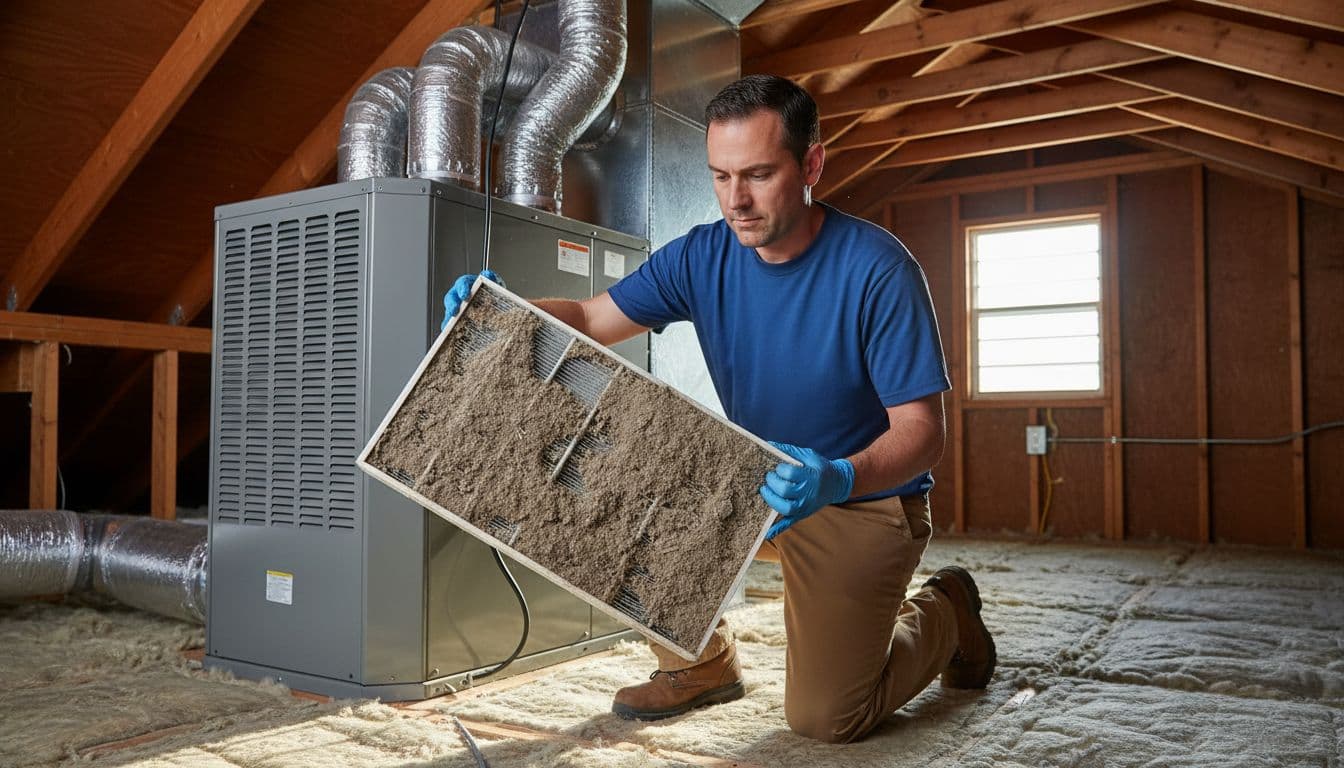 Realistic photo of a HVAC technician kneeling by a residential air conditioning unit in a bright San Diego suburban home attic, holding a dirty AC filter to show dust buildup with natural daylight filtering in.
