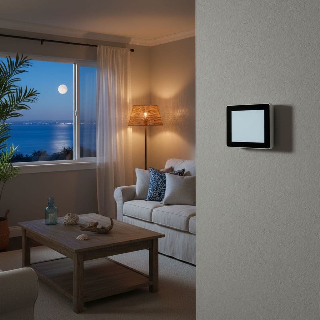 Realistic photo of a smart thermostat screen on the wall in a cozy living room with evening soft lamp light, modern coastal decor, subtle San Diego ocean view window, no people or text visible.