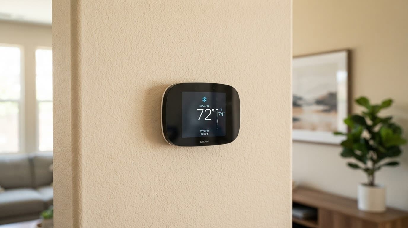 A modern digital thermostat mounted on a textured interior wall.