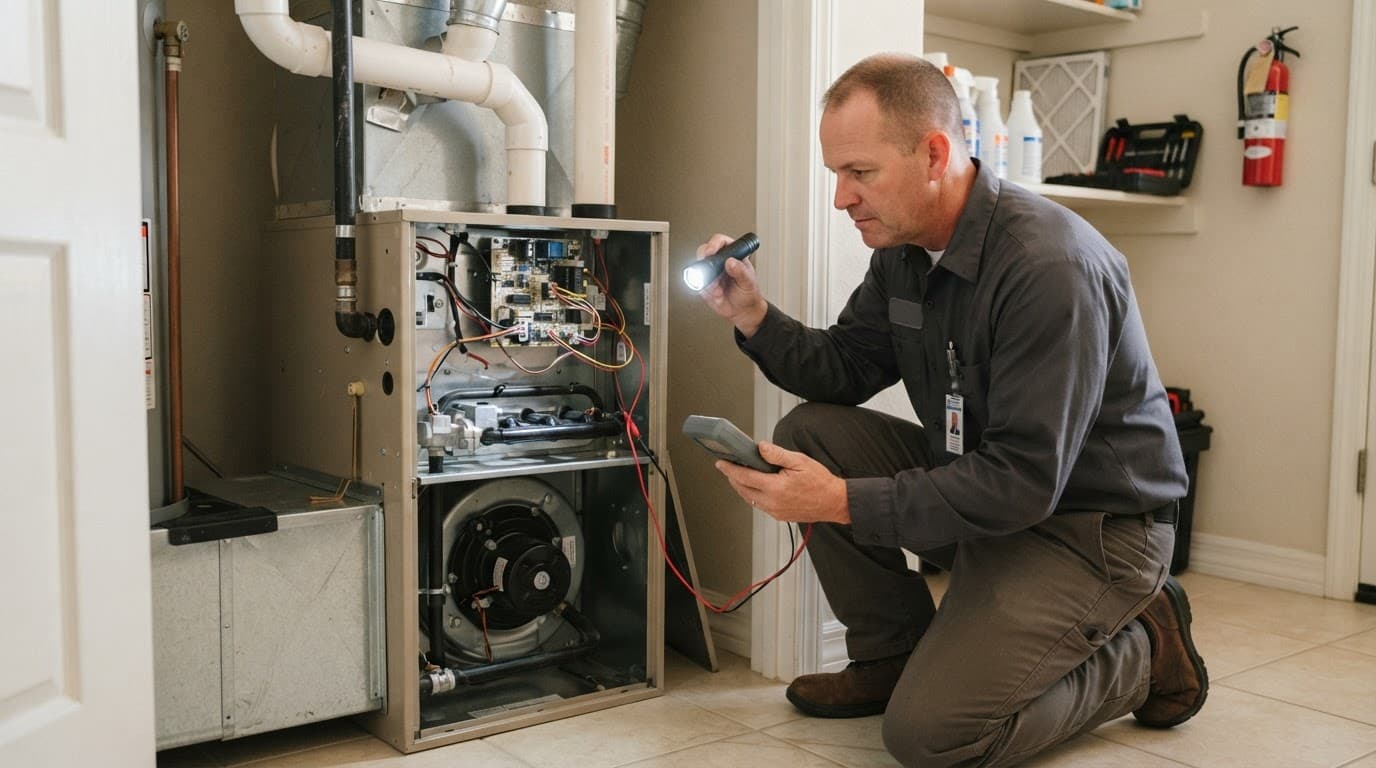 An HVAC technician checks an open furnace with a flashlight and handheld meter.