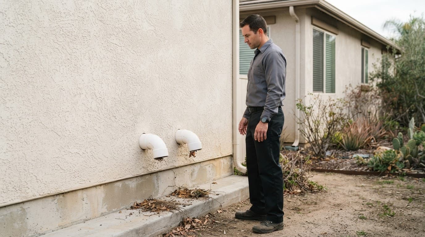 Technician inspecting two white furnace vent pipes beside a stucco home.