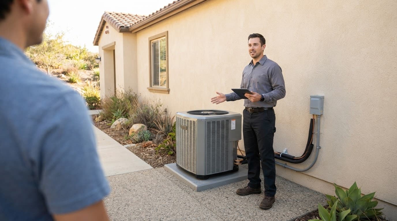 Technician inspecting a heat pump beside a stucco home with dry landscaping.