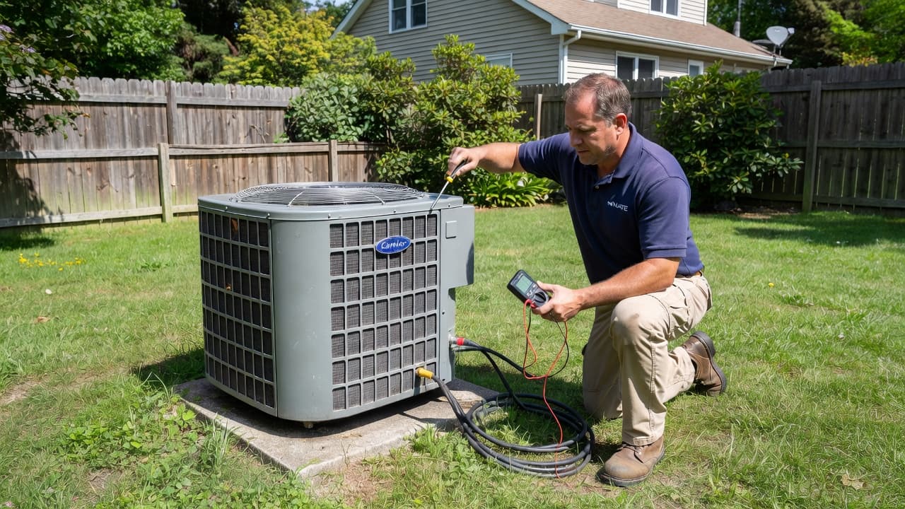 A professional technician kneels to inspect a residential air conditioner unit in a backyard.