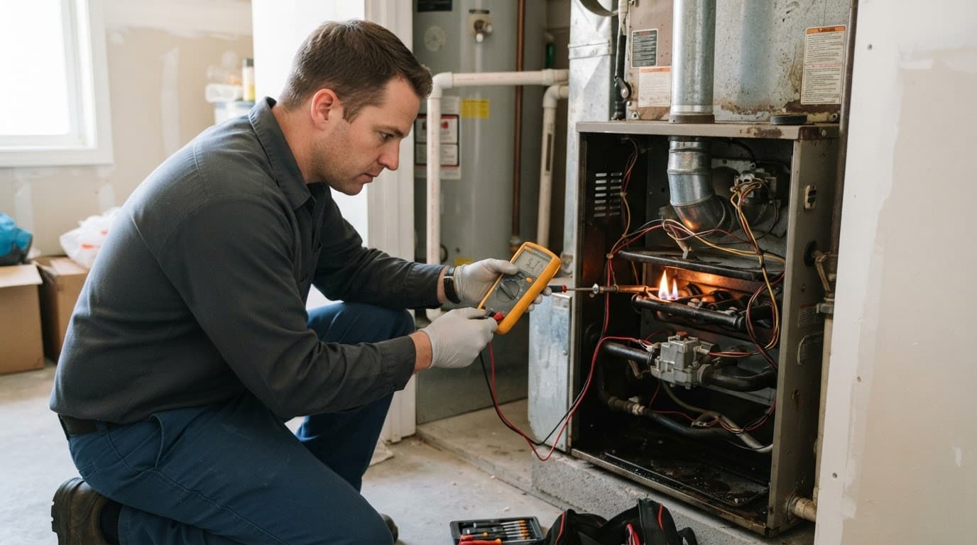 Technician inspecting the burner compartment of a home furnace.
