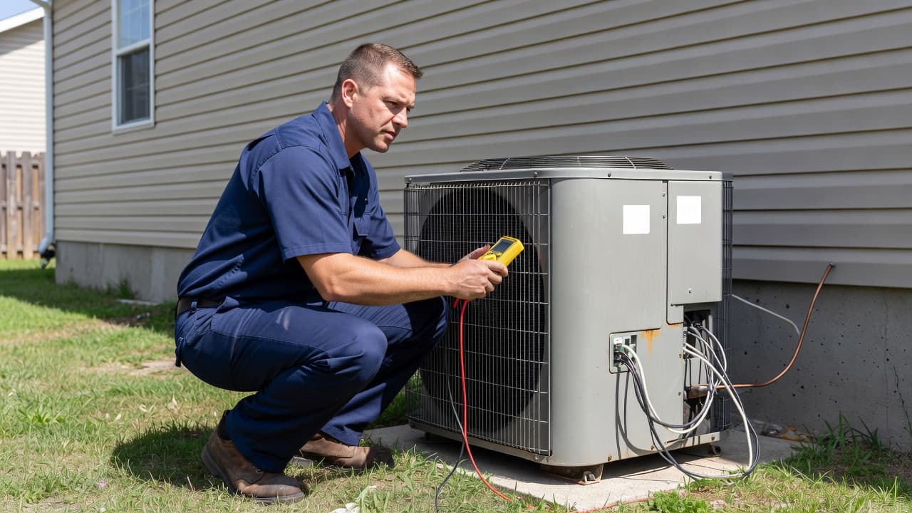 A professional service worker wearing a uniform stands in a suburban backyard, carefully examining the inner components of an outdoor HVAC unit. Bright daylight illuminates the equipment and surrounding green grass.