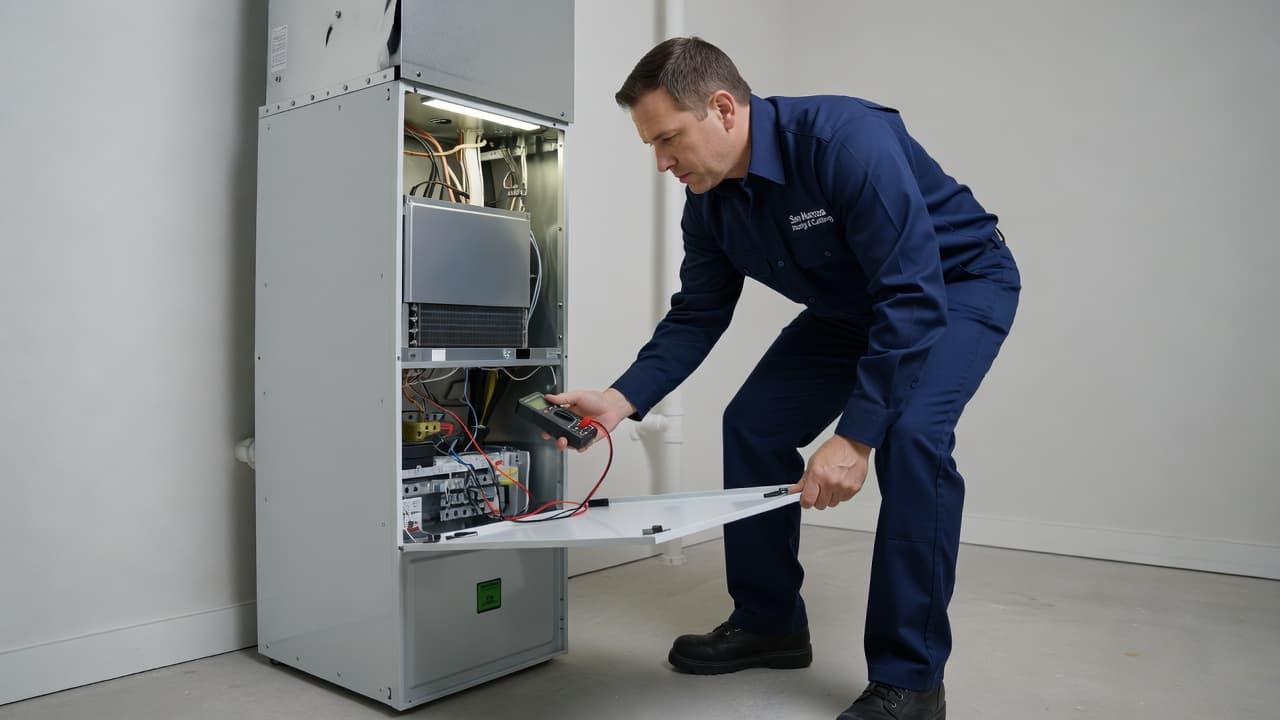 A technician wearing a blue uniform kneels before an open furnace cabinet, carefully examining the internal heating components with a handheld tool. Warm light illuminates the complex metallic wiring inside.
