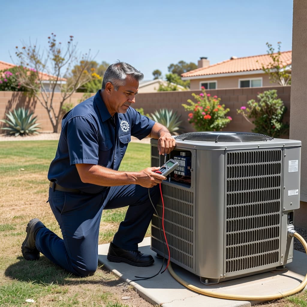 A professional technician wearing a uniform carefully examines the condenser unit of a residential air conditioning system. The scene is set in a sunny backyard with natural daylight illuminating their hands.
