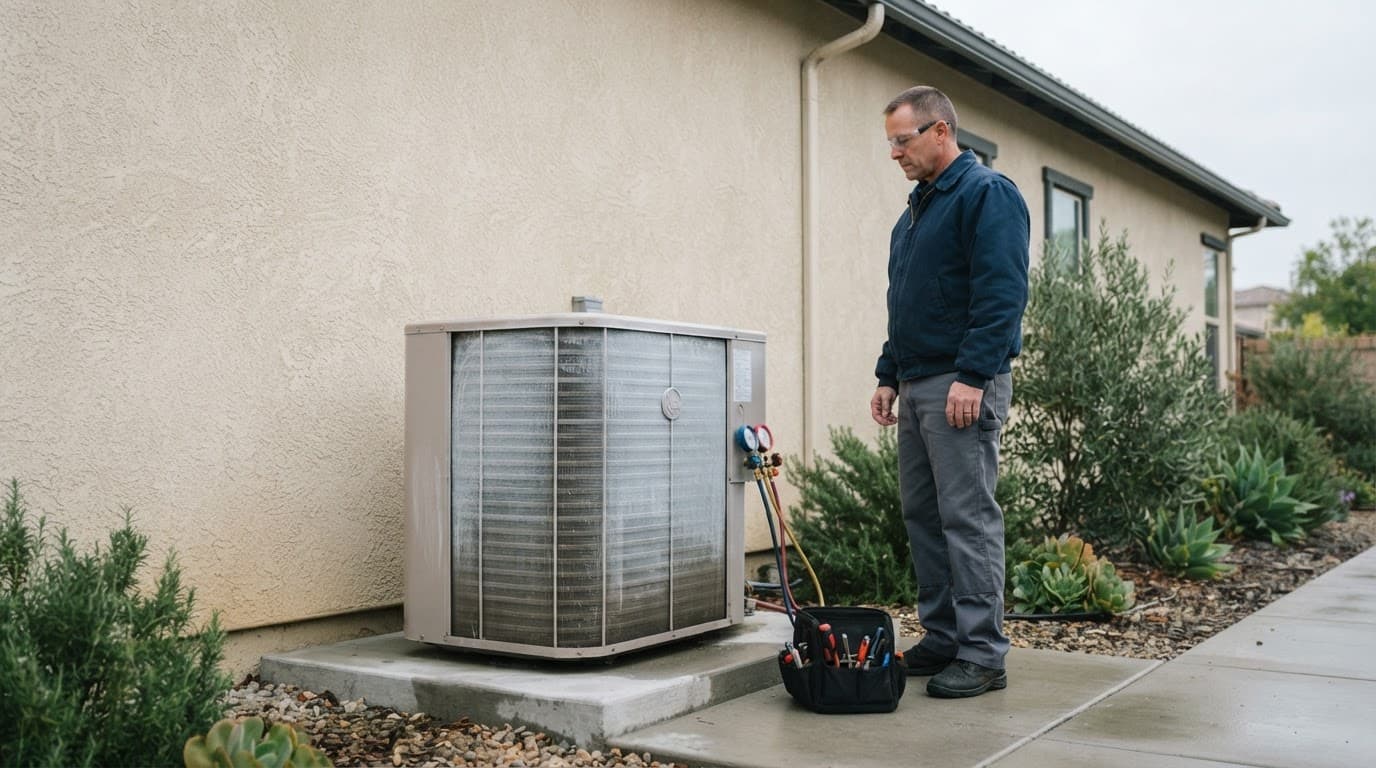 Technician inspecting frost on an outdoor heat pump beside a stucco home.