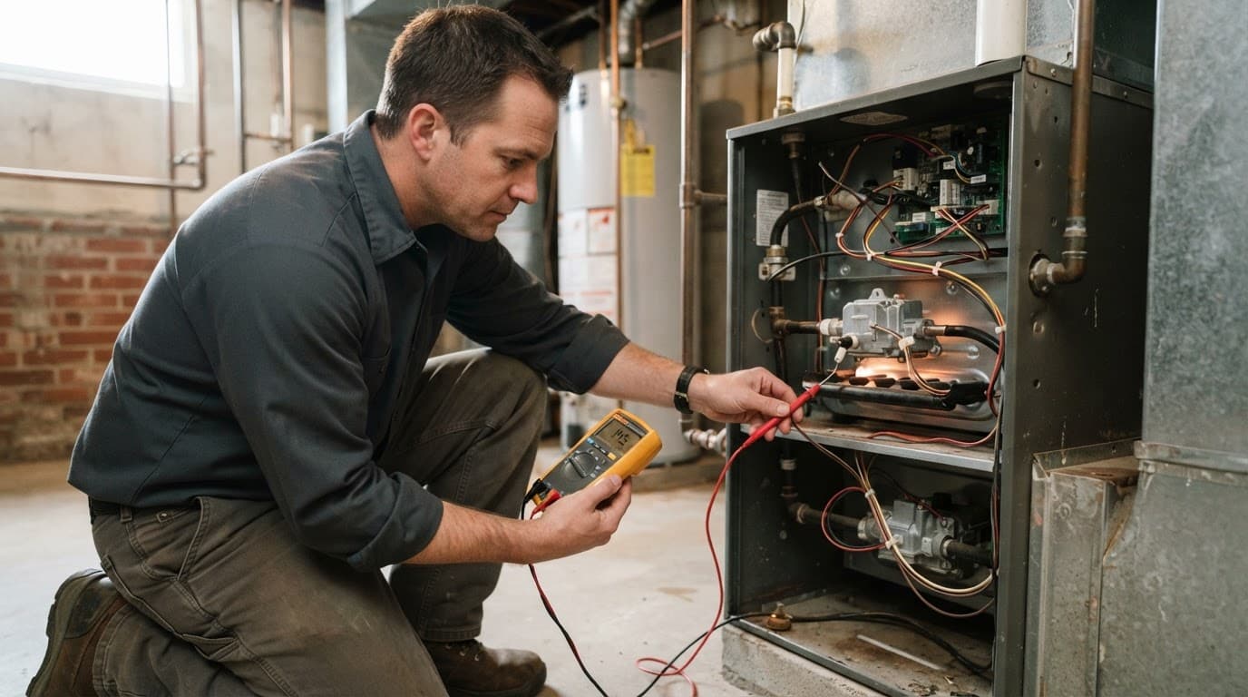 An HVAC technician tests a residential furnace component.