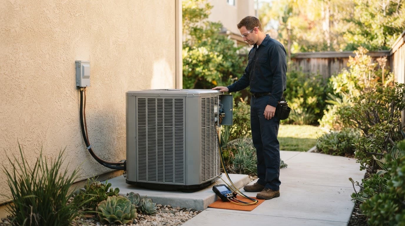 Technician checks a thawed heat pump beside a stucco home.